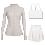 LULU Sports Tennis Skirt Anti-Exposure Embossed Stand-Up Collar Jacket Y-Back Vest Short Skirt Three-Piece Yoga Quick-Dry Set