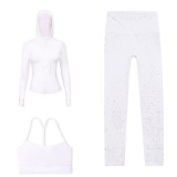 LULU DF Embossed Hooded Jacket, Y-Back Vest, Cropped Pants Three-Piece Set, Starry Gold Zipper Yoga Outfit