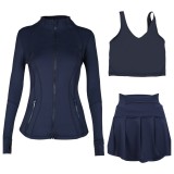 LULU sports tennis skirt, anti-exposure stand-up collar jacket, U-shaped tank top, short skirt three-piece set, yoga quick-dry pleated skirt