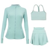 LULU Sports Tennis Skirt Anti-Exposure Embossed Stand-Up Collar Jacket Y-Back Vest Short Skirt Three-Piece Yoga Quick-Dry Set