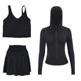 LULU Sports Tennis Skirt with Hooded Jacket and U-Back Tank Top Set for Women, Anti-Exposure Fitness Short Skirt, Two-in-One Design