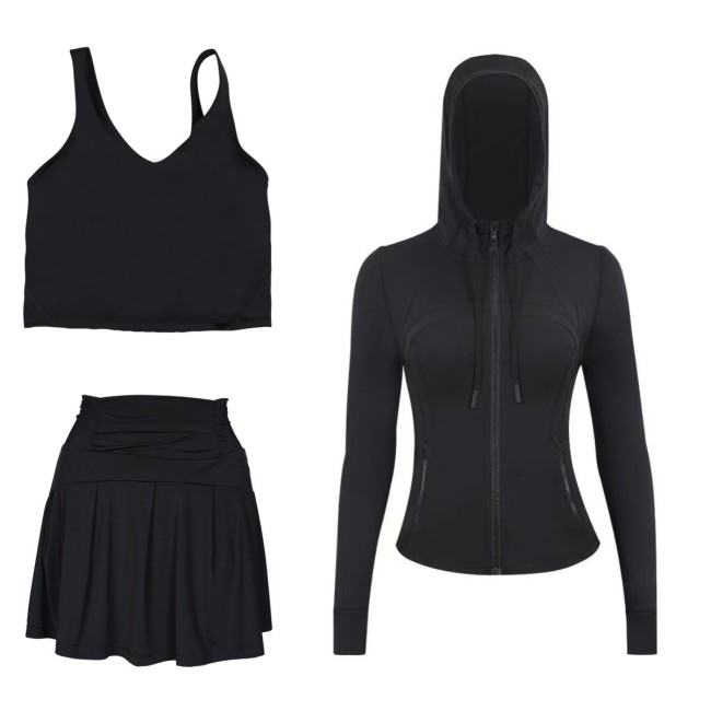LULU Sports Tennis Skirt with Hooded Jacket and U-Back Tank Top Set for Women, Anti-Exposure Fitness Short Skirt, Two-in-One Design