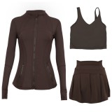LULU sports tennis skirt, anti-exposure stand-up collar jacket, U-shaped tank top, short skirt three-piece set, yoga quick-dry pleated skirt