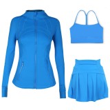 LULU Sports Tennis Skirt Anti-Exposure Embossed Stand-Up Collar Jacket Y-Back Vest Short Skirt Three-Piece Yoga Quick-Dry Set