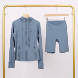 LULU DF hooded jacket and shorts set with gold zipper, slim fit, stretchy, quick-drying, fitness, sports, yoga wear for women