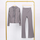 LULU in-stock hooded jacket with embossed logo, flared pants set, running and yoga wear, slim-fit zip-up cardigan with long sleeves