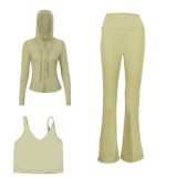 LULU DF hooded jacket, U-shaped vest, bell-bottom pants three-piece set, starry gold zipper slim-fit yoga outfit