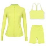 LULU DF stand-up collar jacket, Y-back vest, three-quarter pants, three-piece set with gold zipper, sporty slim-fit yoga wear