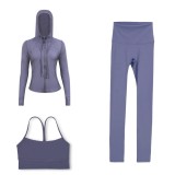 LULU DF Embossed Hooded Jacket, Y-Back Vest, Cropped Pants Three-Piece Set, Starry Gold Zipper Yoga Outfit