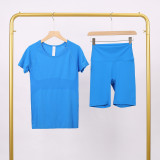 LULU3.0 High-Elasticity Sports Round-Neck Short-Sleeve Five-Pocket Pants Set for Women, Quick-Dry Running Training T-Shirt, Yoga Outfit for Women