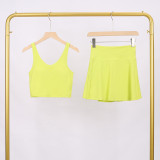 LULU Women's Sports Tennis Skirt Anti-Exposure Fitness U-Back Vest Short Skirt Set Fake Two-Piece Yoga Shorts Fashionable