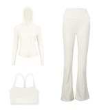 LULU DF Embossed Hooded Jacket, Y-shaped Vest, Bell-bottom Pants Three-piece Set, Starry Gold Zipper Yoga Outfit