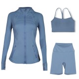 LULU DF stand-up collar jacket, Y-back vest, three-quarter pants, three-piece set with gold zipper, sporty slim-fit yoga wear