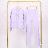LULU in-stock hooded jacket with embossed logo, flared pants set, running and yoga wear, slim-fit zip-up cardigan with long sleeves