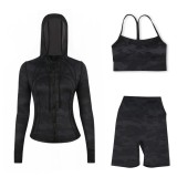 LULU DF hooded jacket, Y-back vest, three-quarter pants three-piece set, starry gold zipper slim-fit yoga outfit
