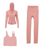 LULU DF hooded jacket, U-shaped vest, cropped pants three-piece set, starry gold zipper slim-fit yoga outfit