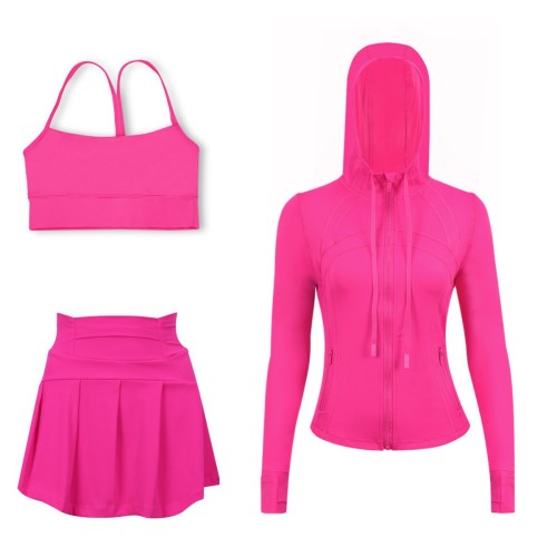LULU sports tennis skirt with hooded jacket and Y-back tank top set for women, anti-exposure fitness short skirt, slimming effect