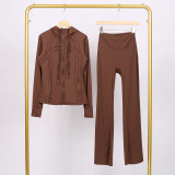 LULU in-stock hooded jacket with embossed logo, flared pants set, running and yoga wear, slim-fit zip-up cardigan with long sleeves