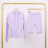 LULU DF hooded jacket and shorts set with gold zipper, slim fit, stretchy, quick-drying, fitness, sports, yoga wear for women