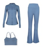 LULU DF Embossed Stand Collar Jacket, Y-shaped Vest, Flared Pants Three-piece Set with Gold Zipper, Sports Fitness Yoga Outfit