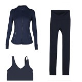 LULU DF stand-up collar jacket, U-shaped vest, cropped pants three-piece set, starry gold zipper slim-fit yoga wear