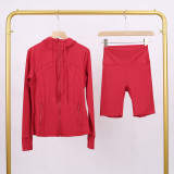 LULU DF hooded jacket and shorts set with gold zipper, slim fit, stretchy, quick-drying, fitness, sports, yoga wear for women