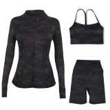 LULU DF stand-up collar jacket, Y-back vest, three-quarter pants, three-piece set with gold zipper, sporty slim-fit yoga wear