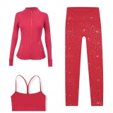 LULU DF Stand Collar Jacket, Y-Back Vest, Nine-Quarter Pants Three-Piece Set, Starry Gold Zipper Slim Fit Yoga Outfit