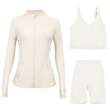 LULU DF stand-up collar jacket, U-shaped vest, three-piece set with cropped pants and gold zipper, slim-fit sports yoga wear