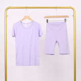 LULU3.0 High-Elasticity Sports Round-Neck Short-Sleeve Five-Pocket Pants Set for Women, Quick-Dry Running Training T-Shirt, Yoga Outfit for Women