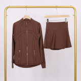 LULU DF Stand Collar Jacket and Skirt Set with Gold Zipper, Slim Fit Jacket, Stretchy Quick-Dry Fitness Yoga Outfit