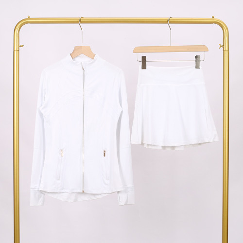 LULU DF Embossed Stand Collar Jacket and Skirt Set with Gold Zipper, Slim Fit Jacket, Stretchy Quick-Dry Fitness Yoga Outfit