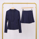 LULU branded hooded jacket and short skirt set, sports tennis skirt for women, anti-exposure fitness two-piece new style
