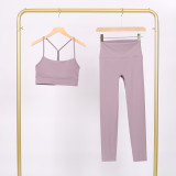LULU Y-shaped sports vest and cropped pants set, underwear, nude-feel bra, beautiful back, shockproof, push-up, yoga round neck