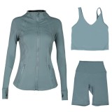 LULU DF stand-up collar jacket, U-shaped vest, three-piece set with cropped pants and gold zipper, slim-fit sports yoga wear