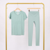 LULU3.0 High-Elasticity Sports Round-Neck Short-Sleeve Nine-Point Pants Set for Women, Quick-Dry Running Training T-Shirt, Yoga Outfit for Women
