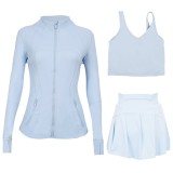 LULU sports tennis skirt, anti-exposure stand-up collar jacket, U-shaped tank top, short skirt three-piece set, yoga quick-dry pleated skirt