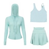 LULU Sports Tennis Skirt with Hooded Jacket and U-Back Tank Top Set for Women, Anti-Exposure Fitness Short Skirt, Two-in-One Design