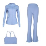 LULU DF Embossed Stand Collar Jacket, Y-shaped Vest, Flared Pants Three-piece Set with Gold Zipper, Sports Fitness Yoga Outfit