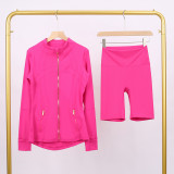 LULU DF Embossed Stand Collar Jacket and Shorts Set with Gold Zipper, Slim Fit, Stretchy, Quick-Dry Fitness Yoga Wear