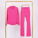 LULU Bell-bottom Pants DF Stand-up Collar Jacket Set with Gold Zipper Top, Women's Slim Fit Coat, Stretchy Yoga Outfit for Women