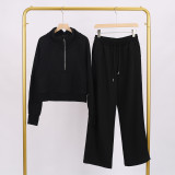 LULU Women's Yoga Outfit: Loose Fit Stand Collar Sweatshirt with Half Zipper and Sweatpants Set, Casual Loose Short Style with Fleece Lining
