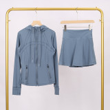 LULU branded hooded jacket and short skirt set, sports tennis skirt for women, anti-exposure fitness two-piece new style