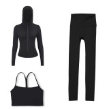 LULU DF Embossed Hooded Jacket, Y-Back Vest, Cropped Pants Three-Piece Set, Starry Gold Zipper Yoga Outfit