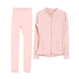 Embossed Stand Collar Jacket and Cropped Pants Set with Gold Zipper, Slim Fit, Stretchy, Quick-Dry Fitness Yoga Wear