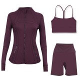 LULU DF stand-up collar jacket, Y-back vest, three-quarter pants, three-piece set with gold zipper, sporty slim-fit yoga wear