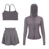 LULU sports tennis skirt with hooded jacket and Y-back tank top set for women, anti-exposure fitness short skirt, slimming effect
