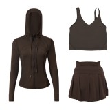 LULU Sports Tennis Skirt with Hooded Jacket and U-Back Tank Top Set for Women, Anti-Exposure Fitness Short Skirt, Two-in-One Design
