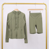 LULU DF hooded jacket and shorts set with gold zipper, slim fit, stretchy, quick-drying, fitness, sports, yoga wear for women