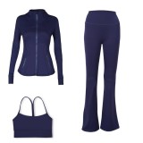 LULU DF Embossed Stand Collar Jacket, Y-shaped Vest, Flared Pants Three-piece Set with Gold Zipper, Sports Fitness Yoga Outfit